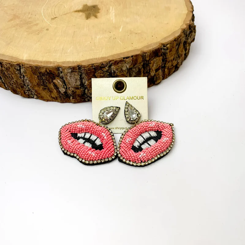 Women’s delicate earrings-Seed Beaded Lip Post Earrings In Pink with Crystals