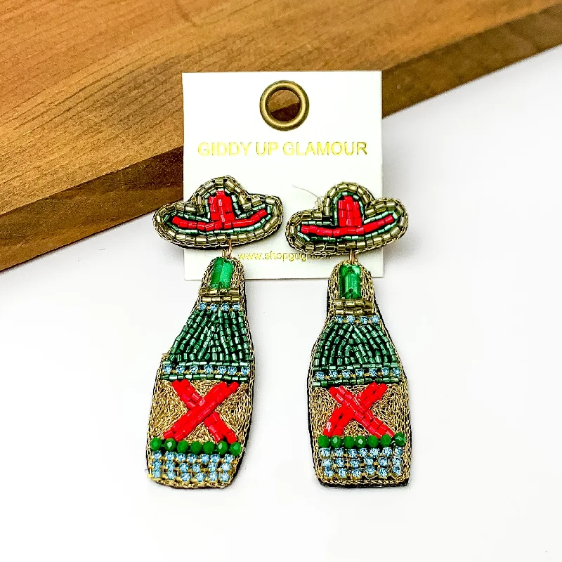 Women’s pearl earrings-Beaded Green Beer Bottle Earrings with Sombrero Studs