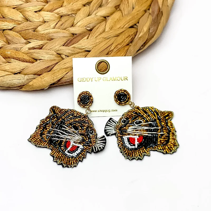 Women’s infinity earrings-Tiger Beaded Drop Earrings in Gold and Black