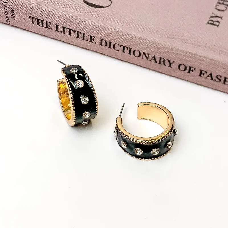 Women’s simple earrings-Surrounded By Starlight Small Gold Tone Hoop Earrings in Black