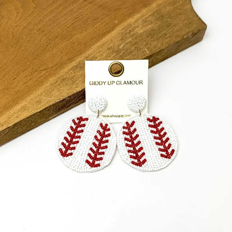 Women’s vintage earrings-Baseball Circular Beaded Earrings in White and Maroon