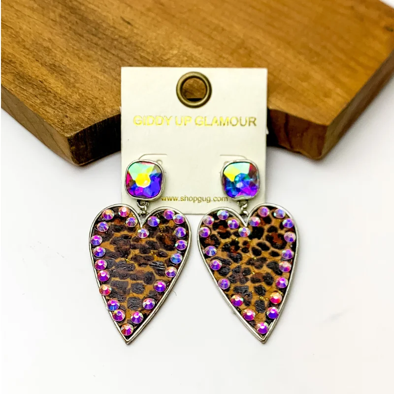 Women’s gemstone drop earrings-Cork Leopard Print Heart Earrings with an AB Stone Border