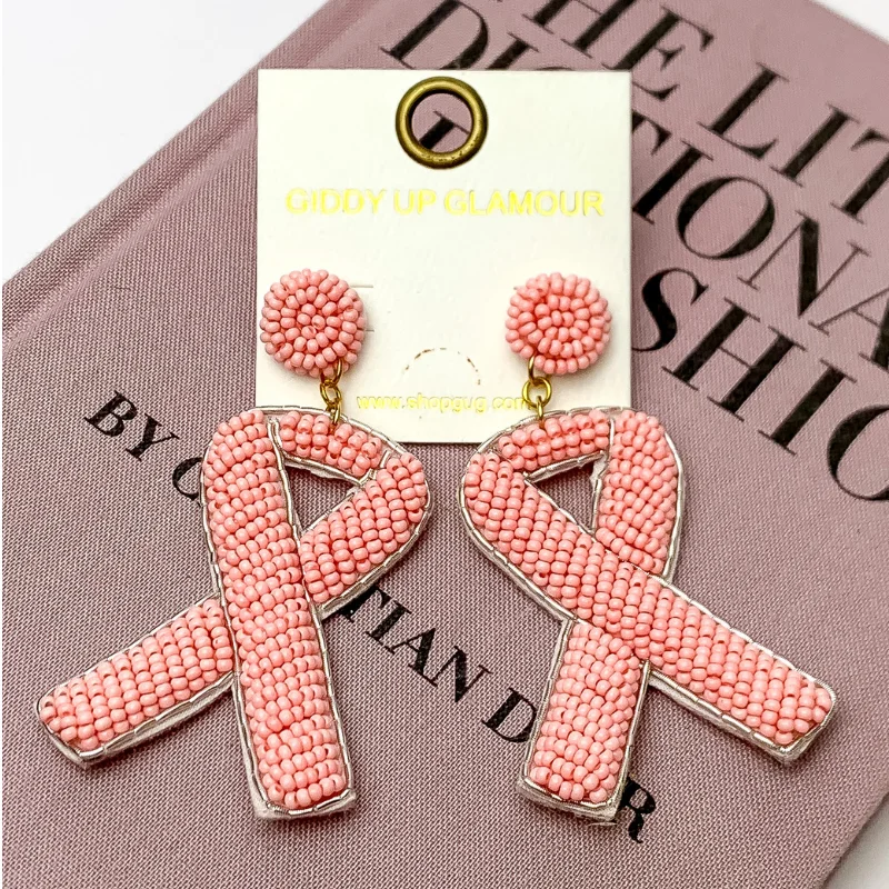 Women’s pearl stud earrings-Beaded Breast Cancer Earrings in Pink