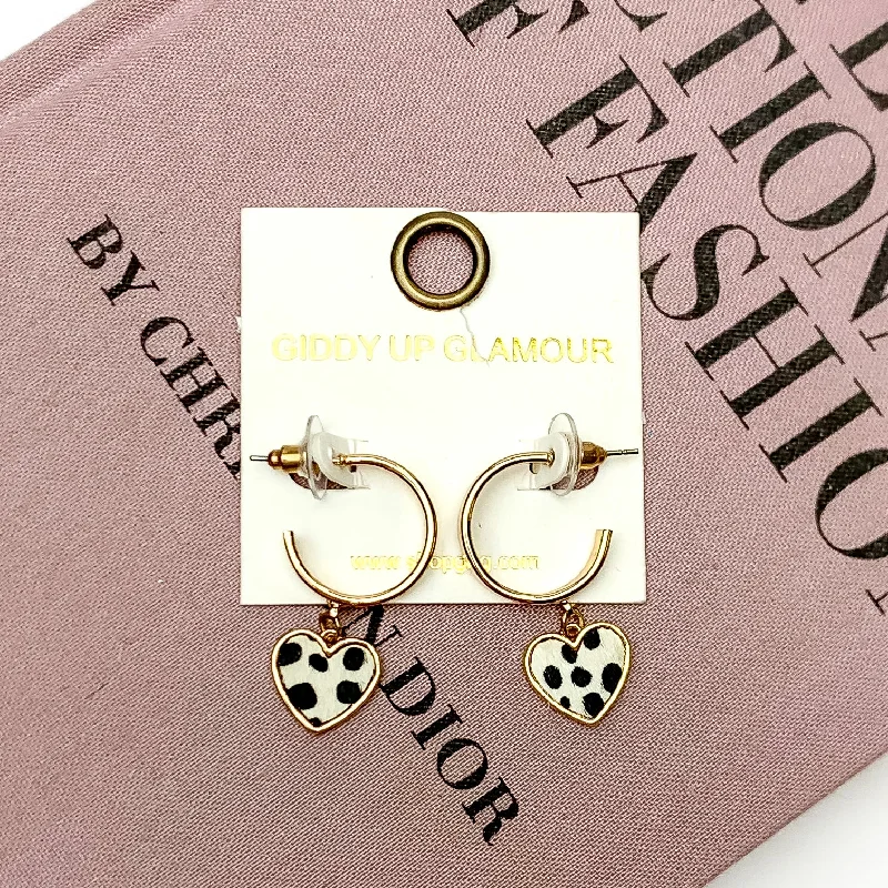 Women’s vintage-inspired earrings-Gold Tone Hoop Earrings with Heart Dangle in White Dotted Print