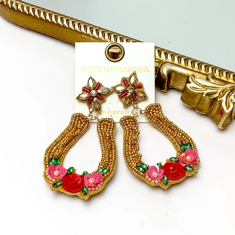 Women’s drop earrings-Gold Tone Horseshoe Beaded Earrings With Pink Flower Detailing