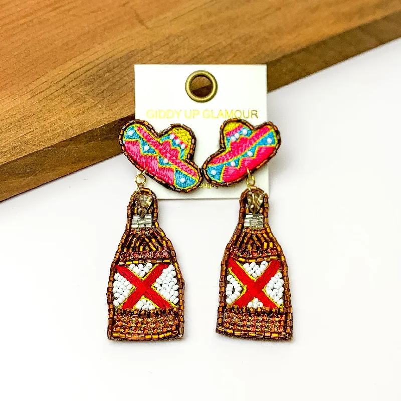 Women’s silver earrings-Beaded Gold Beer Bottle Earrings with Sombrero Studs