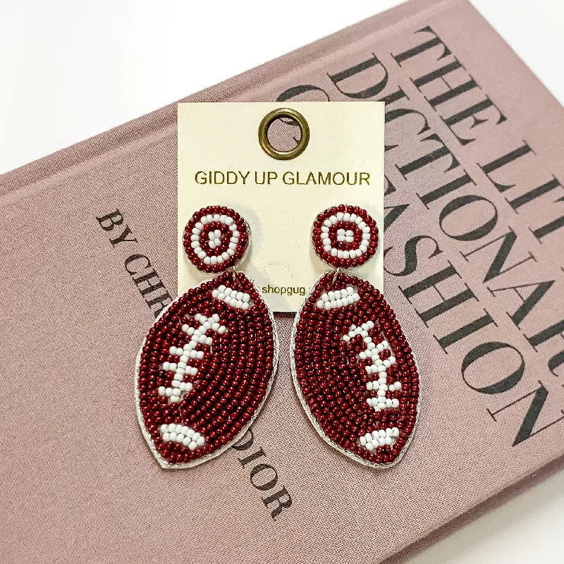 Women’s large hoop earrings-Beaded Football Earrings in Brown and White