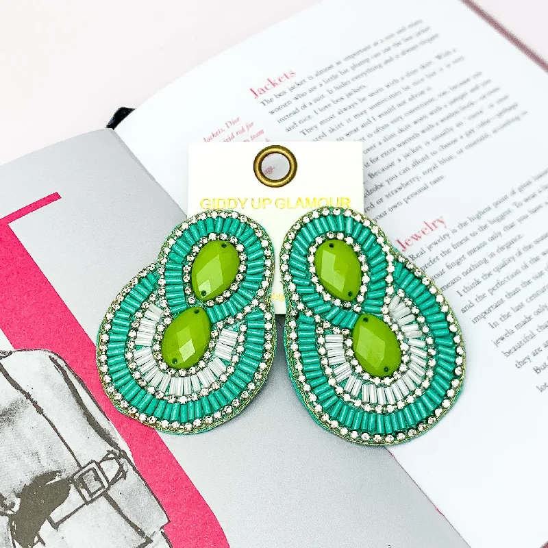 Women’s round earrings-Dazzling Oval Earrings Outlined in Clear Crystals with Beads in Green