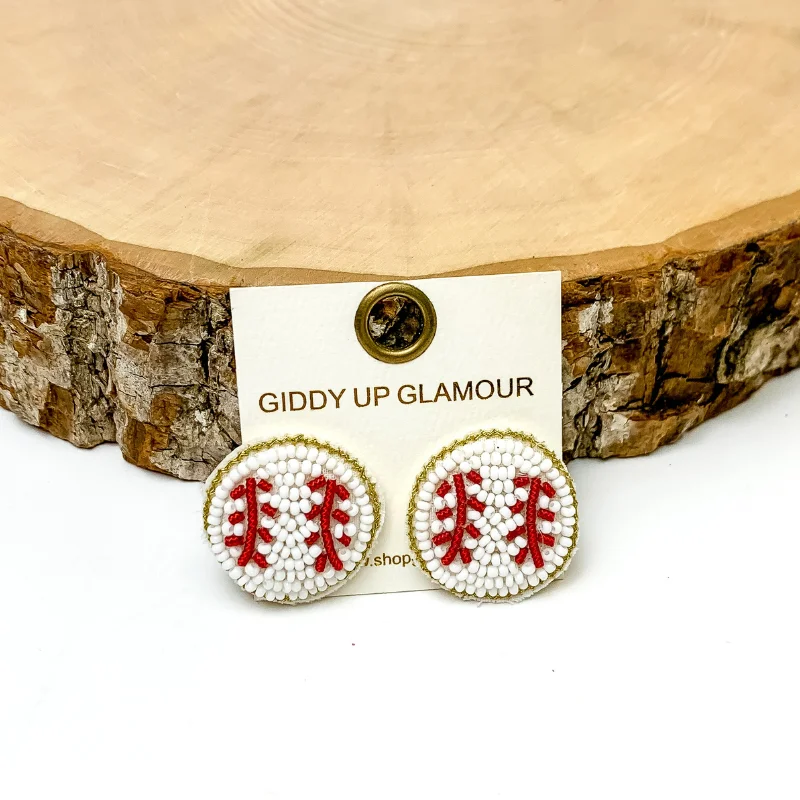 Women’s personalized gold earrings-Beaded Baseball Stud Earrings in White