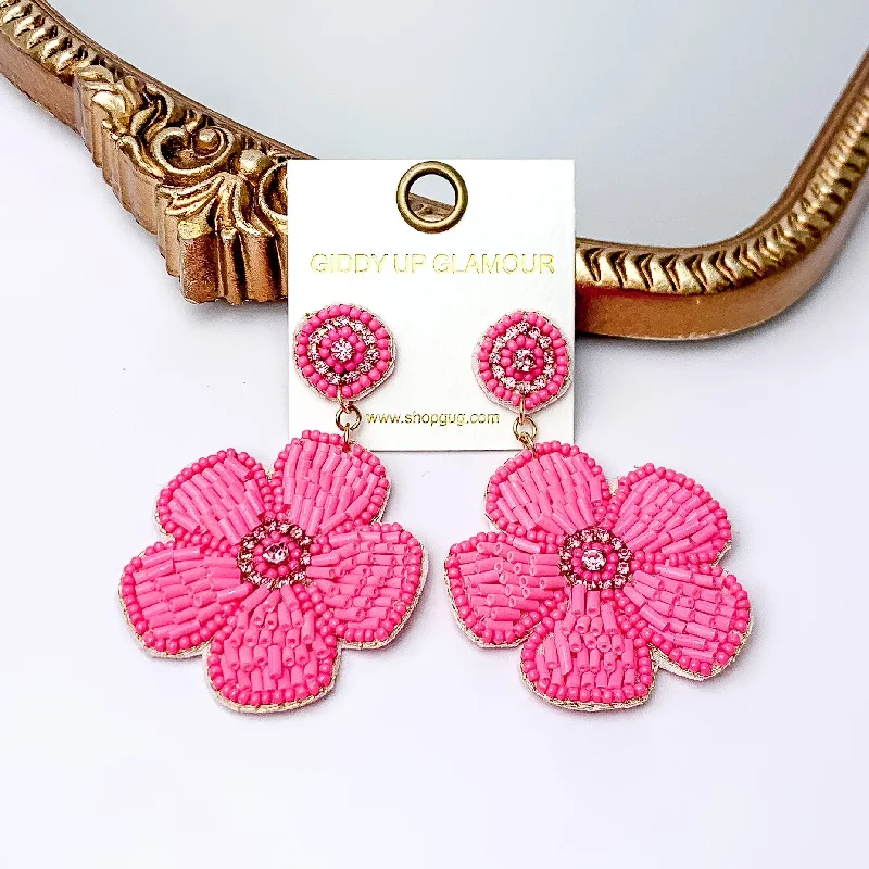 Women’s drop earrings-Beaded Flower Earrings in Pink with Crystal Stones