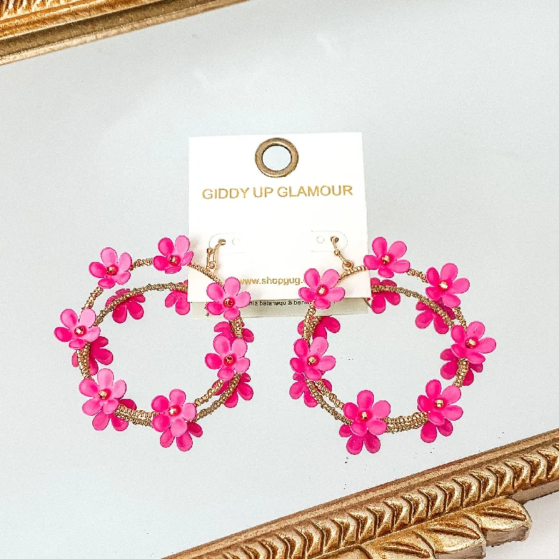 Women’s elegant earrings-Breezy Blooms Gold Tone Circle Drop Earrings with Flower Charms in Hot Pink