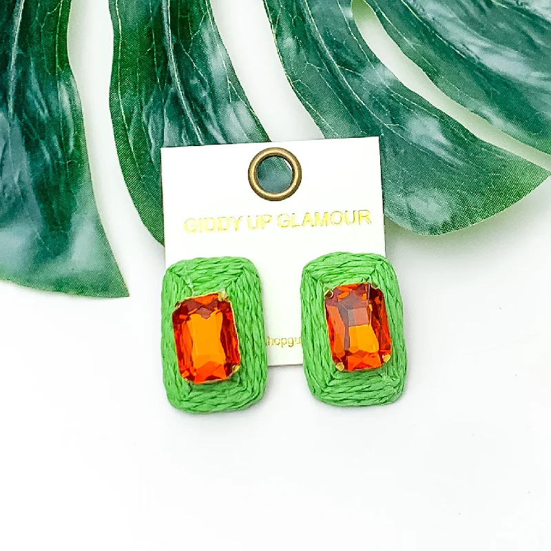 Women’s elegant earrings-Truly Tropical Raffia Rectangle Earrings in Green With Orange Crystal