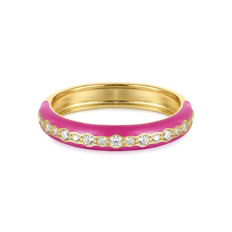 Women’s vintage gold rings-Thin Pink Enamel & Cz Channel Ring