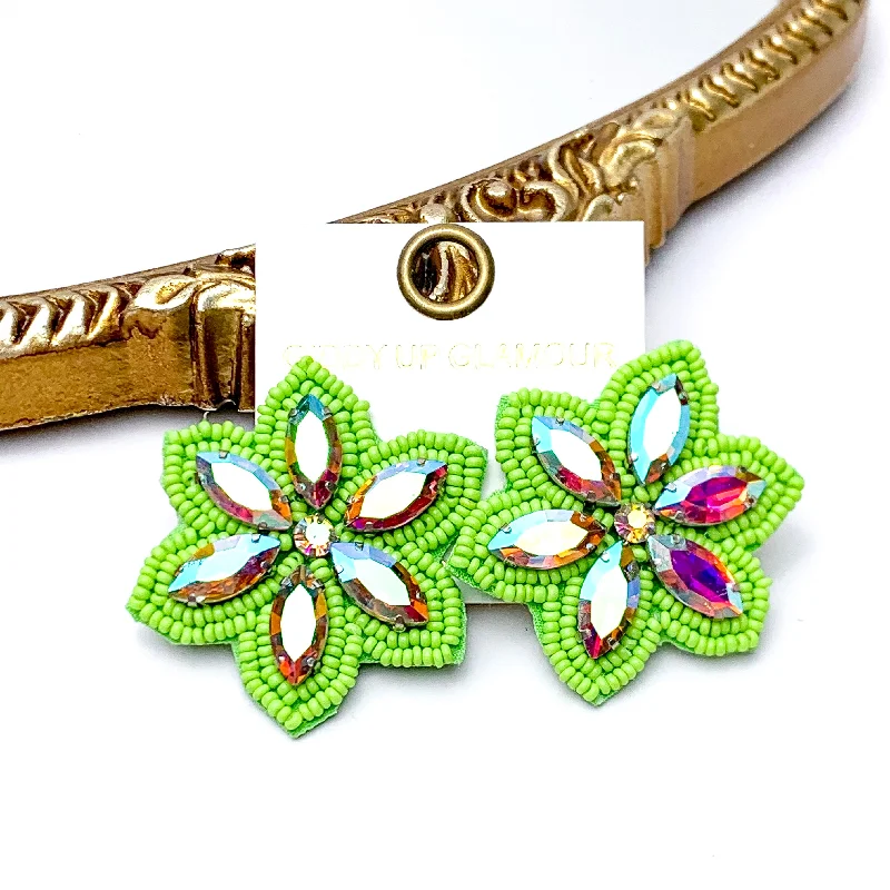 Women’s delicate earrings-Prismatic Petals Seed Bead Flower Stud Earrings with AB stones in Lime Green