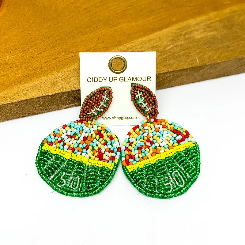 Women’s hoop gold earrings-Football Stadium Circular Post Beaded Earrings in Multicolor