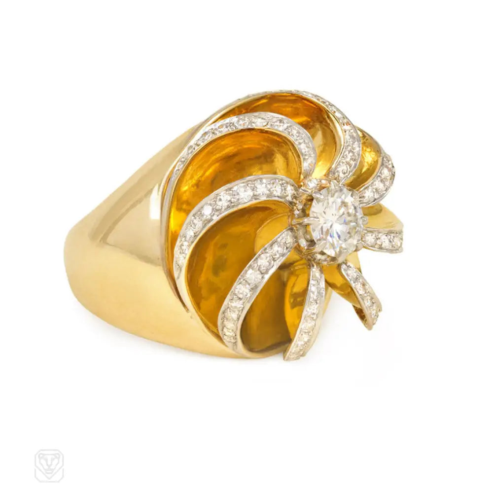 Women’s fashion rings-René Boivin Retro gold and diamond swirl ring