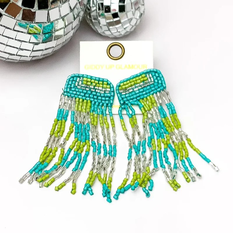 Women’s hoop gold earrings-Beaded Tassel Earrings in Blue, and Green