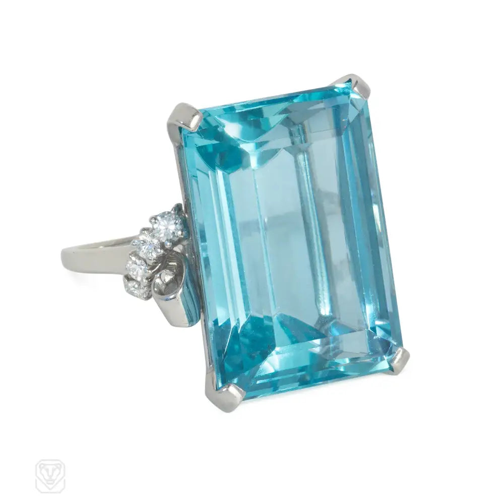 Women’s silver rings-Retro aquamarine cocktail ring