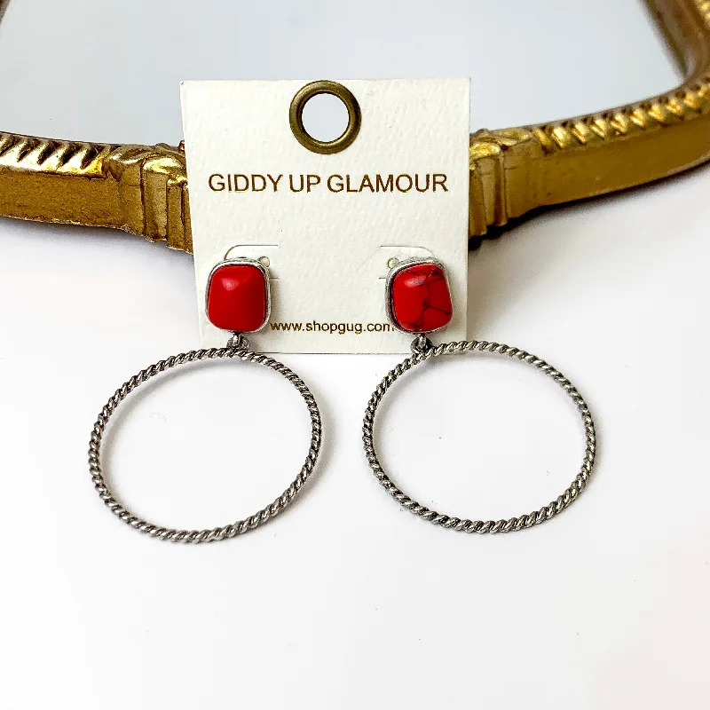 Women’s gold hoop earrings-Soulful Look Circle Drop and Stone Post Silver Earrings in Red