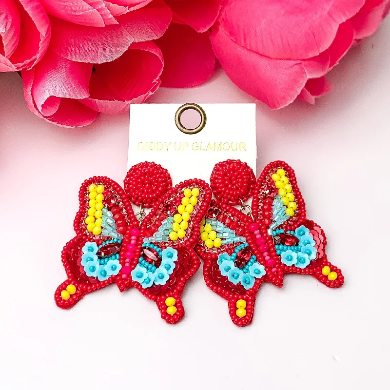 Women’s silver drop earrings-Beaded Summertime Butterfly Earrings in Red, Yellow, and Blue