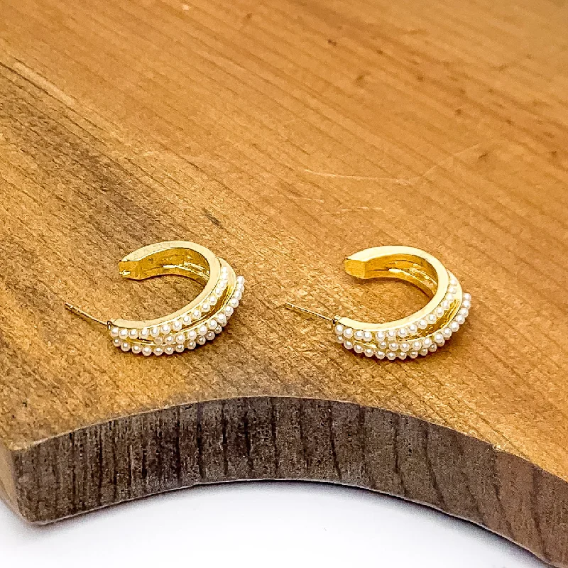 Women’s long earrings-Small Gold Tone Hoop Earrings Outlined in Pearls