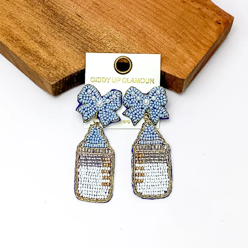 Women’s chandelier gold earrings-Baby Blue and White Beaded Bottle Earrings with Blue Bow Studs