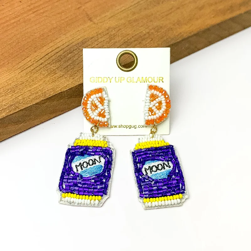 Women’s artistic earrings-Beaded Blue Beer Can Earrings with Orange Slice Studs