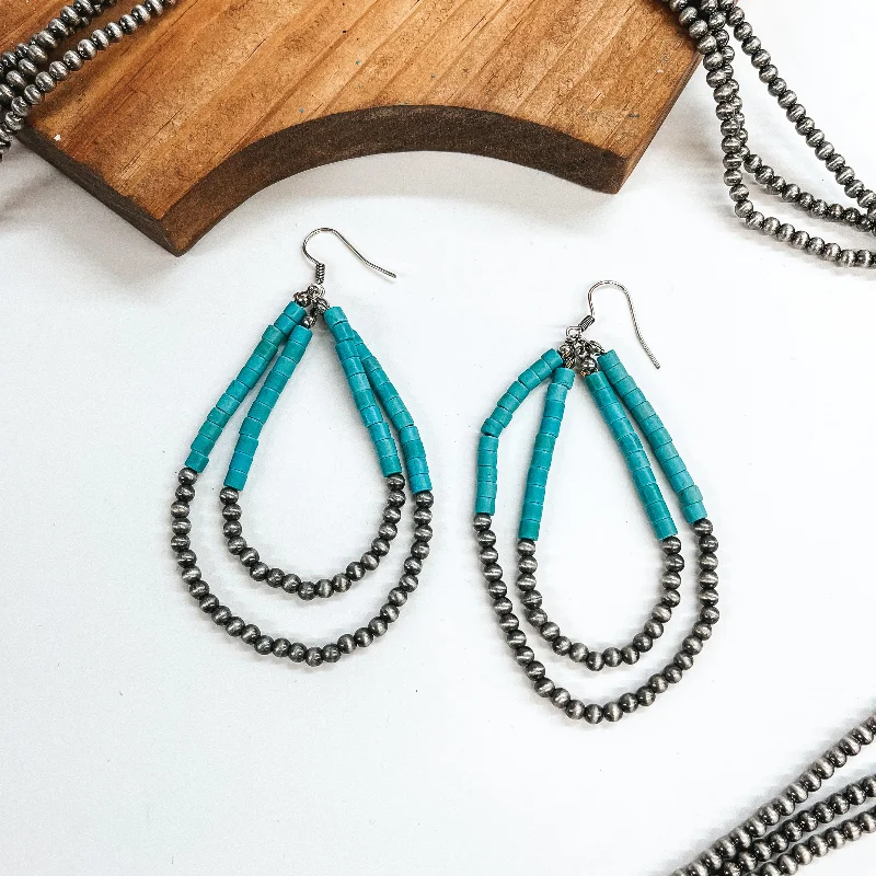 Women’s gemstone stud earrings-Singing Along Layered Faux Navajo Beaded Teardrop Earrings in Turquoise and Silver Tone