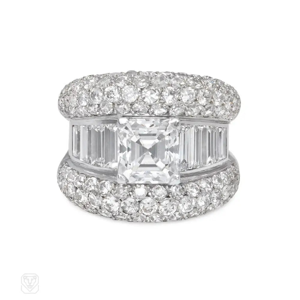 Women’s double-band rings-Mid-century diamond cocktail ring, French import.