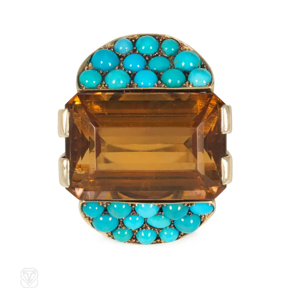 Women’s heart-shaped rings-Retro citrine and turquoise cocktail ring