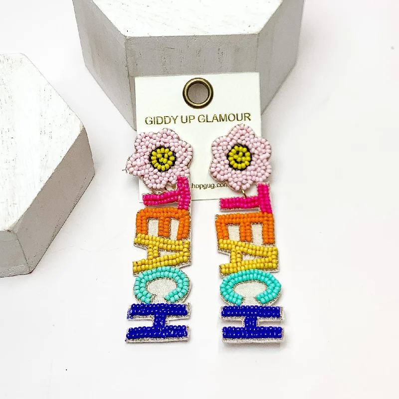 Women’s minimalist earrings-Multicolor "TEACH" Beaded Earrings With Flower Posts