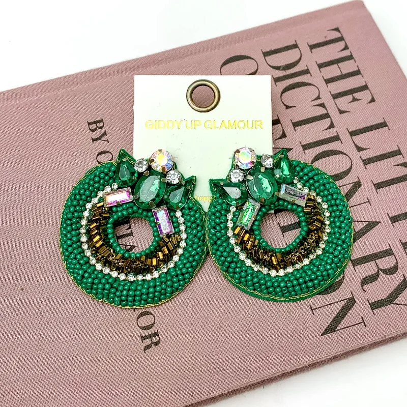 Women’s gold earrings-Circle Beaded Post Earrings with Jeweled Detailing in Green