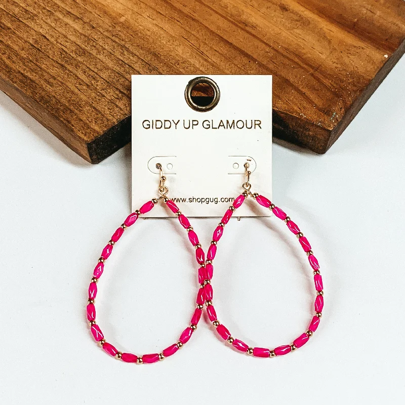 Women’s rose gold earrings-Hot Pink and Gold Tone Beaded Teardrop Earrings