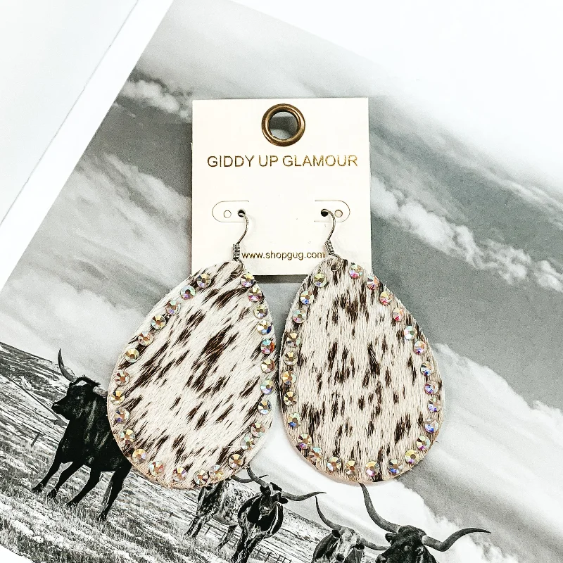 Women’s charm earrings-Faux Cowhide Teardrop Earrings with AB Crystal Outline in Brown and White Cow Print