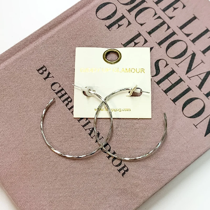 Women’s romantic earrings-Thin Hammered Hoop Earrings in Silver Tone