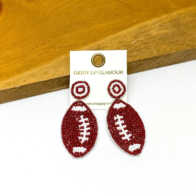 Women’s romantic earrings-Football Post Beaded Earrings in Brown and White