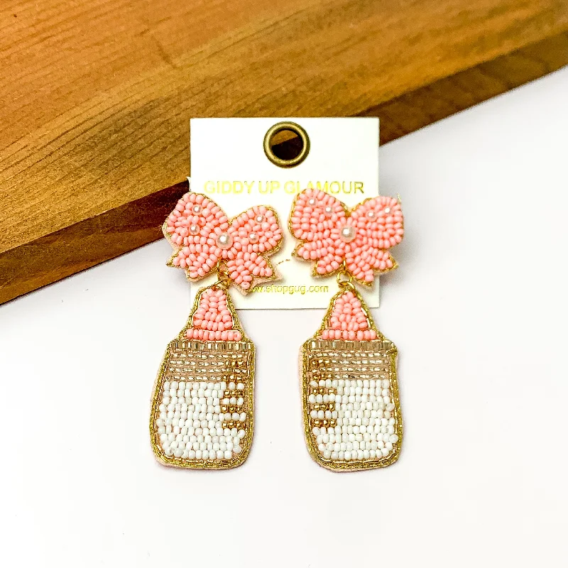 Women’s luxury stud earrings-Baby Pink and White Beaded Bottle Earrings with Pink Bow Studs