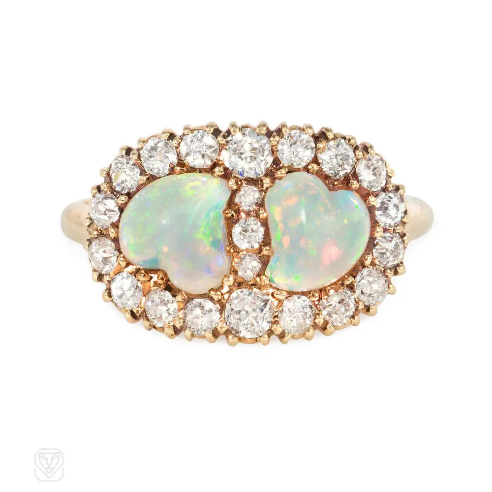 Women’s engagement rings-Antique opal and diamond double heart ring