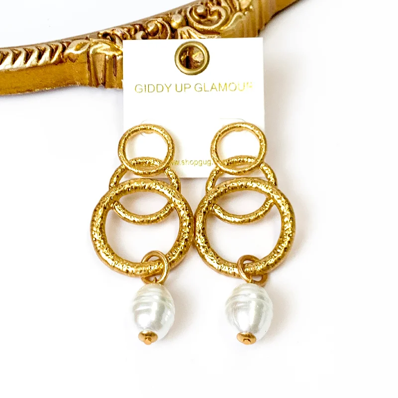 Women’s romantic earrings-Gold Tone Multi Circle Earrings with Pearl Pendants