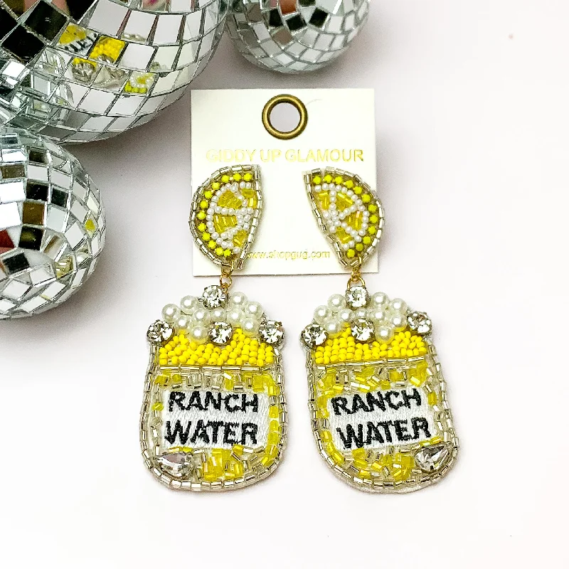 Women’s long chandelier earrings-Beads, Pearls, and Crystals Yellow Can Earrings with Lemon Slice Studs