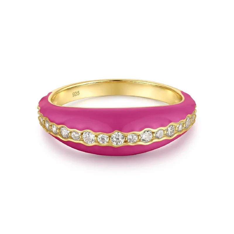 Women’s bohemian rings-Tapered Pink Enamel & Cz Channel Ring