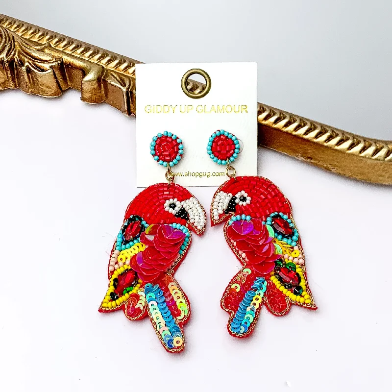 Women’s delicate earrings-Beaded Parrot Earrings in Red with Two Stones