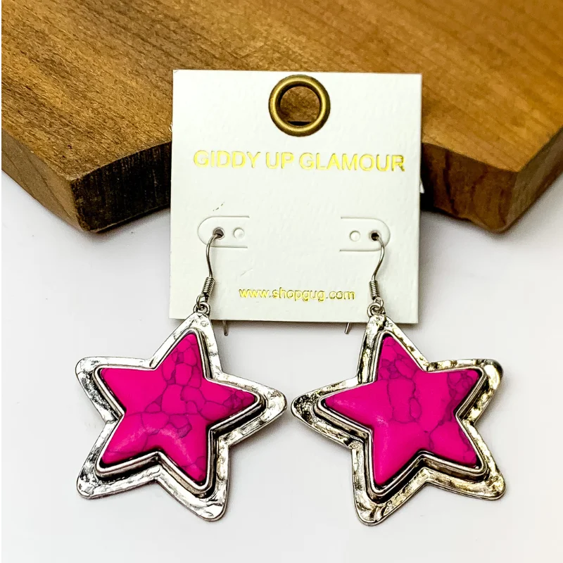 Women’s stackable gold earrings-Pink Marbled Star Earrings with Silver Tone Trim