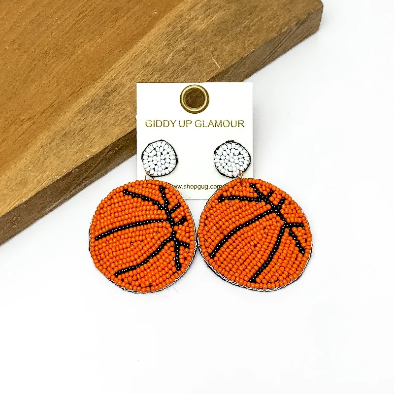 Women’s silver hoop earrings-Basketball Circular Beaded Earrings in Orange