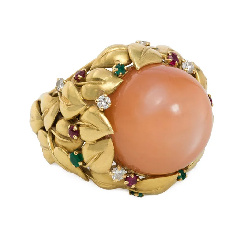 Women’s thin rings-Peach moonstone and multi-gem cocktail ring