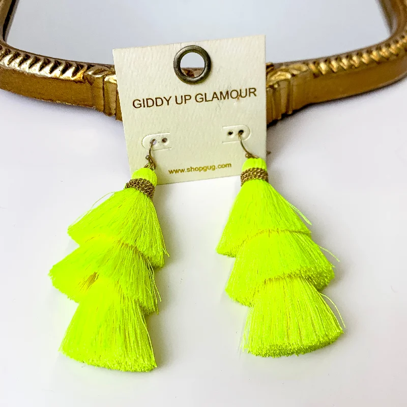 Women’s dangling earrings-Three Tiered Tassel Earrings in Neon Yellow