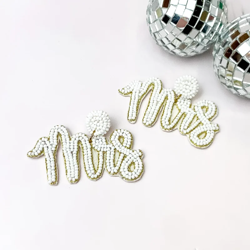 Women’s stackable earrings-Wifey Status Beaded "Mrs" Earrings in White