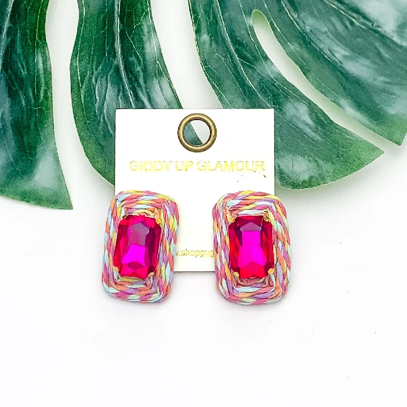 Women’s hoop gold earrings-Truly Tropical Raffia Rectangle Earrings in Multicolor With Fuchsia Pink Crystal