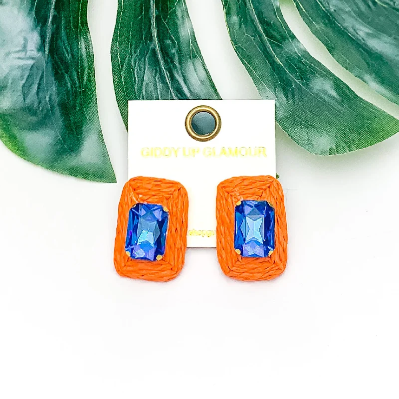 Women’s gemstone stud earrings-Truly Tropical Raffia Rectangle Earrings in Orange With Blue Crystal