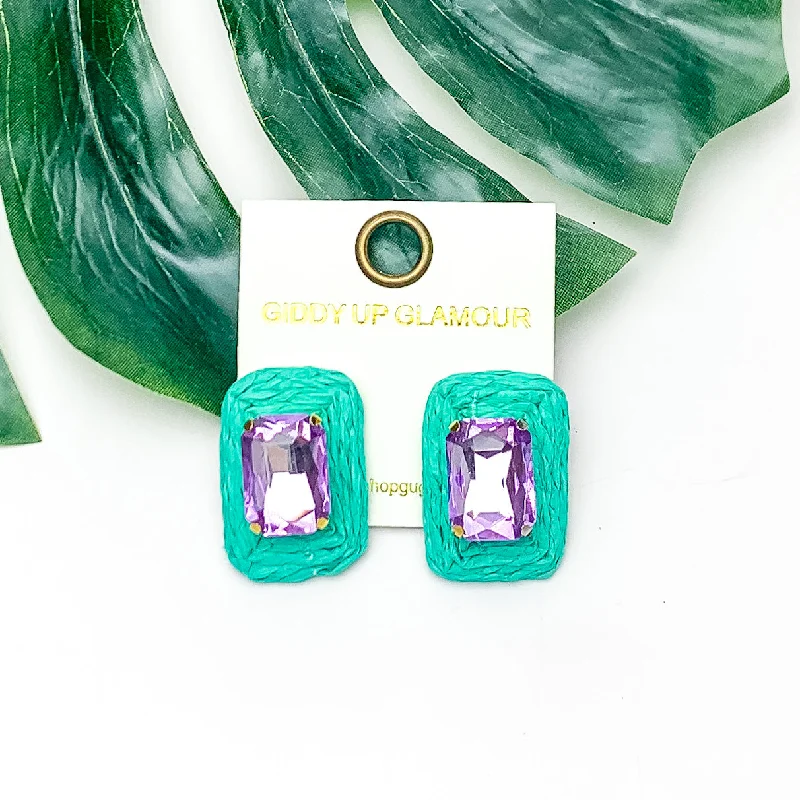 Women’s antique earrings-Truly Tropical Raffia Rectangle Earrings in Turquoise Green With Purple Crystal